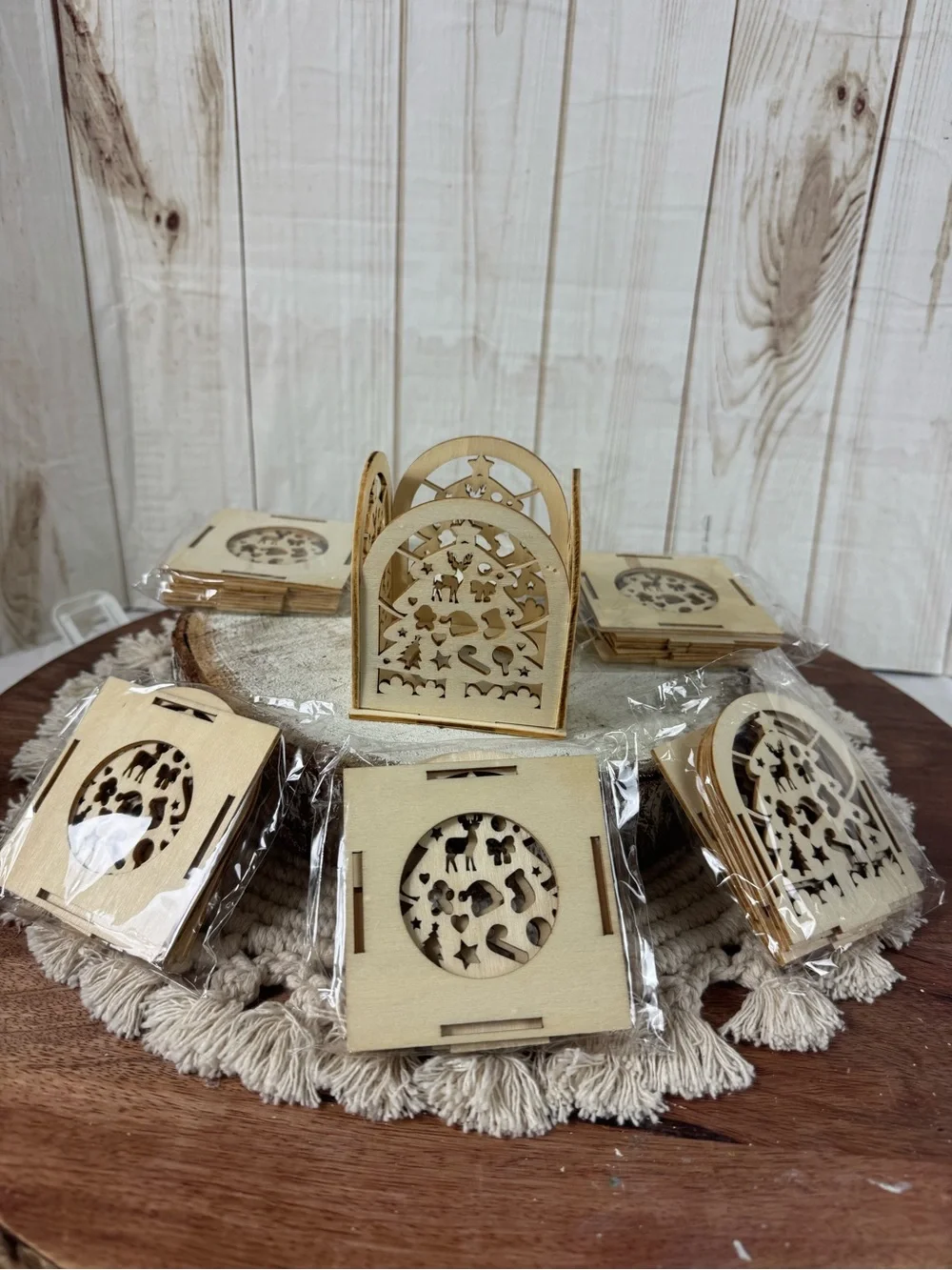 Wood carved Christmas tea light candle box winter scence (set of 6).